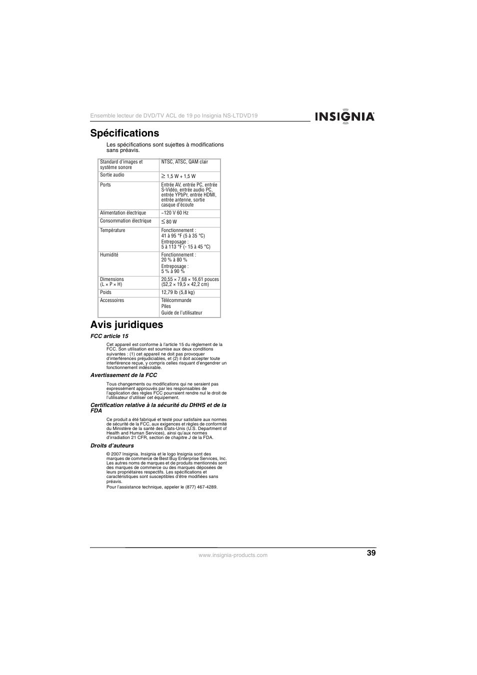 Spécifications, Avis juridiques | Insignia NS-LTDVD19 User Manual | Page 41 / 68