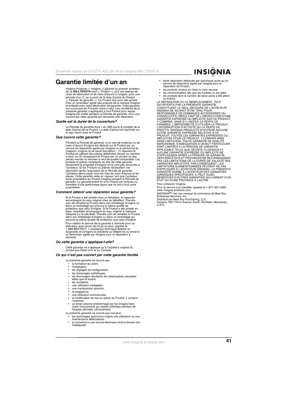 Garantie limitée d’un an | Insignia NS-LTDVD19 User Manual | Page 43 / 68