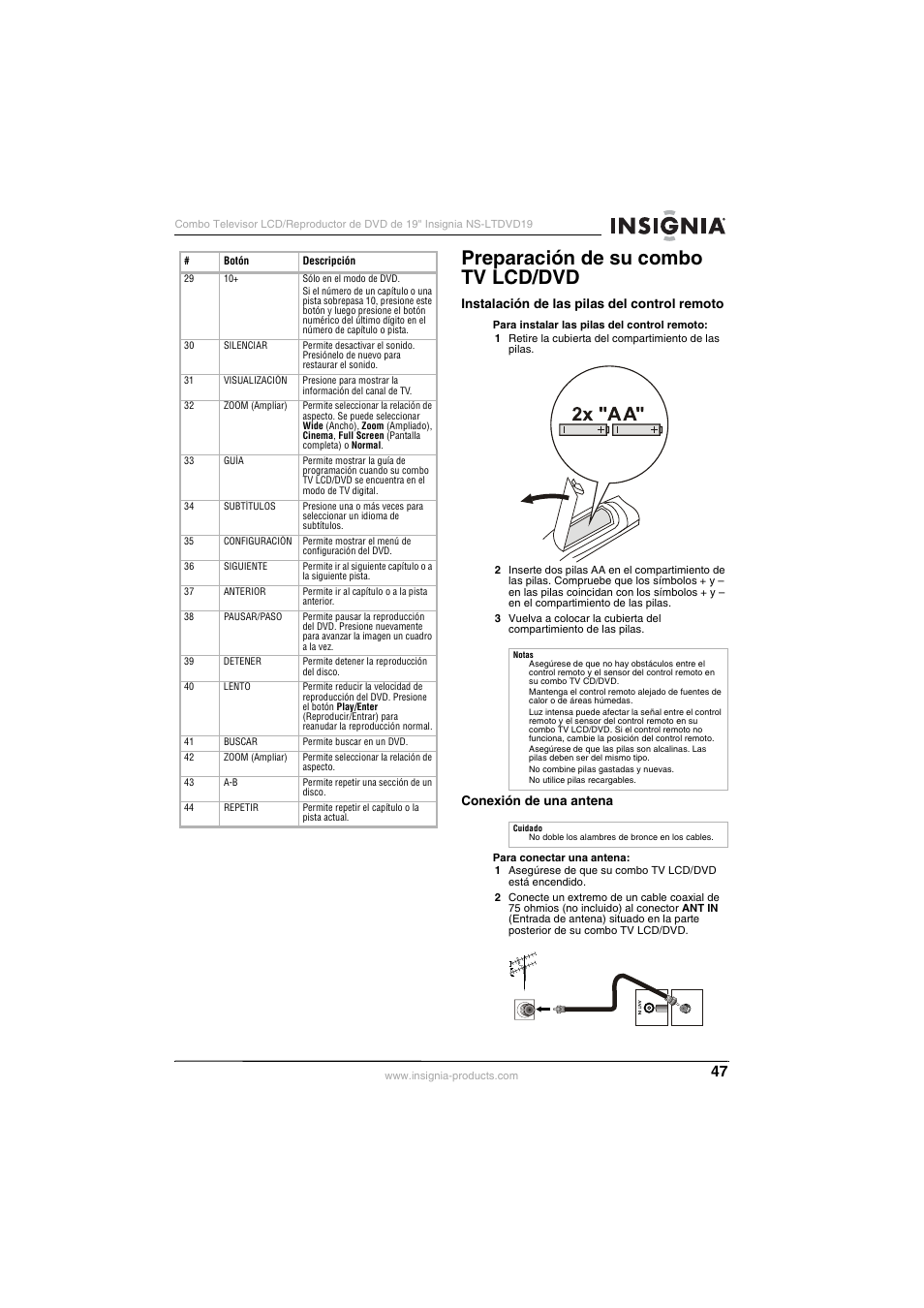 Preparación de su combo tv lcd/dvd | Insignia NS-LTDVD19 User Manual | Page 49 / 68