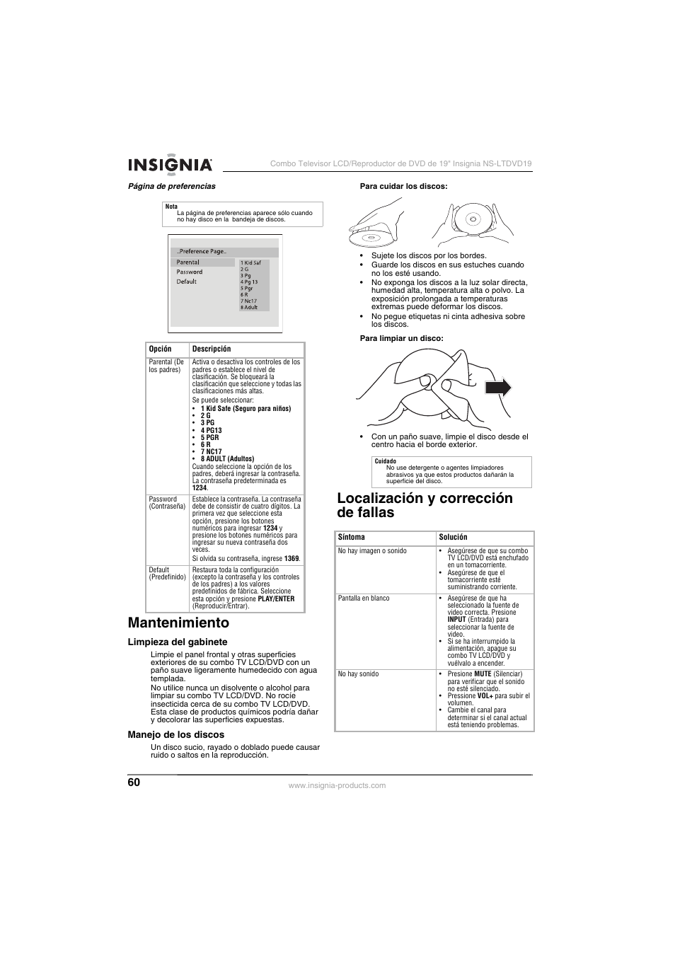 Mantenimiento, Localización y corrección de fallas | Insignia NS-LTDVD19 User Manual | Page 62 / 68