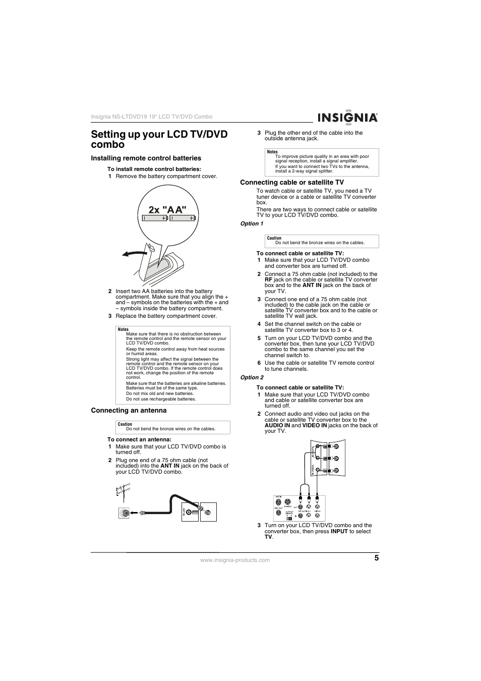 Setting up your lcd tv/dvd combo | Insignia NS-LTDVD19 User Manual | Page 7 / 68