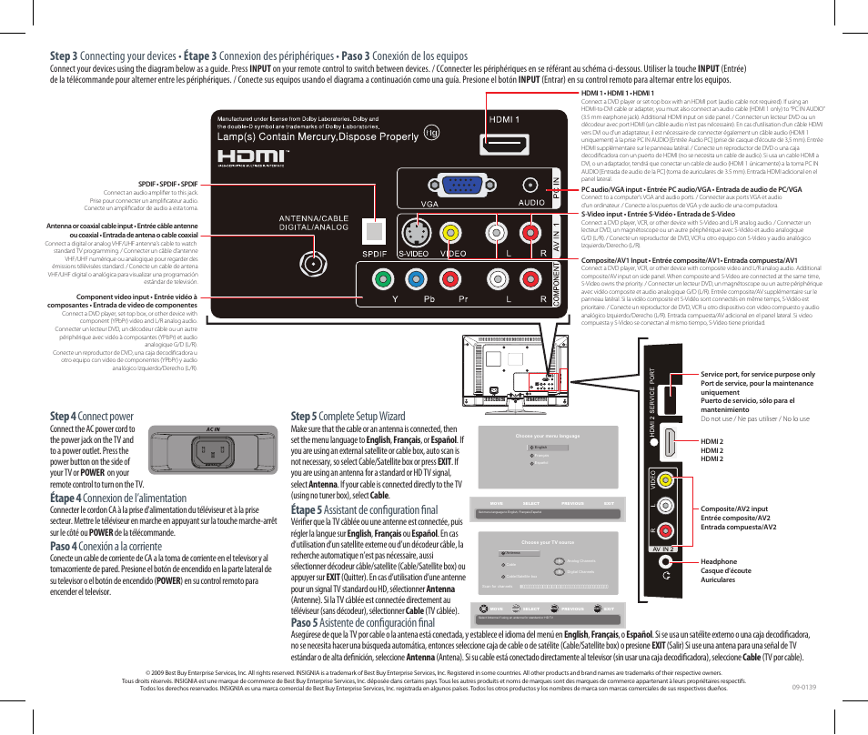 Step 5 complete setup wizard, Étape 5 assistant de configuration final, Step 4 connect power | Étape 4 connexion de l’alimentation, Paso 4 conexión a la corriente, Paso 5 asistente de configuración final | Insignia NS-L19W1Q-10A User Manual | Page 2 / 2