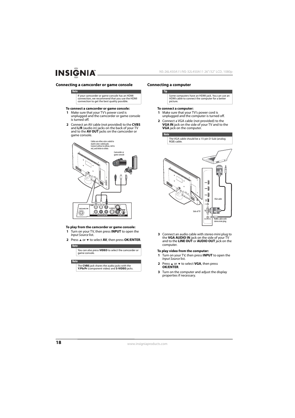 Connecting a camcorder or game console, Connecting a computer, E “connecting a computer” on | Connecting a computer” on, 18 or, Connecting a camcorder or game console” on, Ee “connecting a camcorder or game console | Insignia NS-32L450A11 User Manual | Page 22 / 68