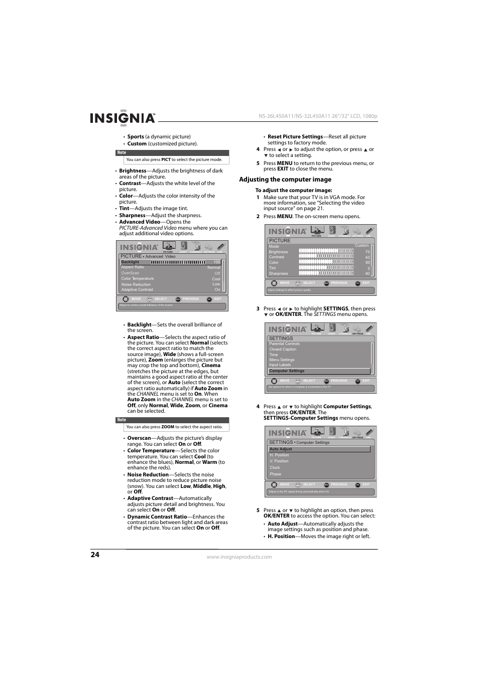 Adjusting the computer image | Insignia NS-32L450A11 User Manual | Page 28 / 68