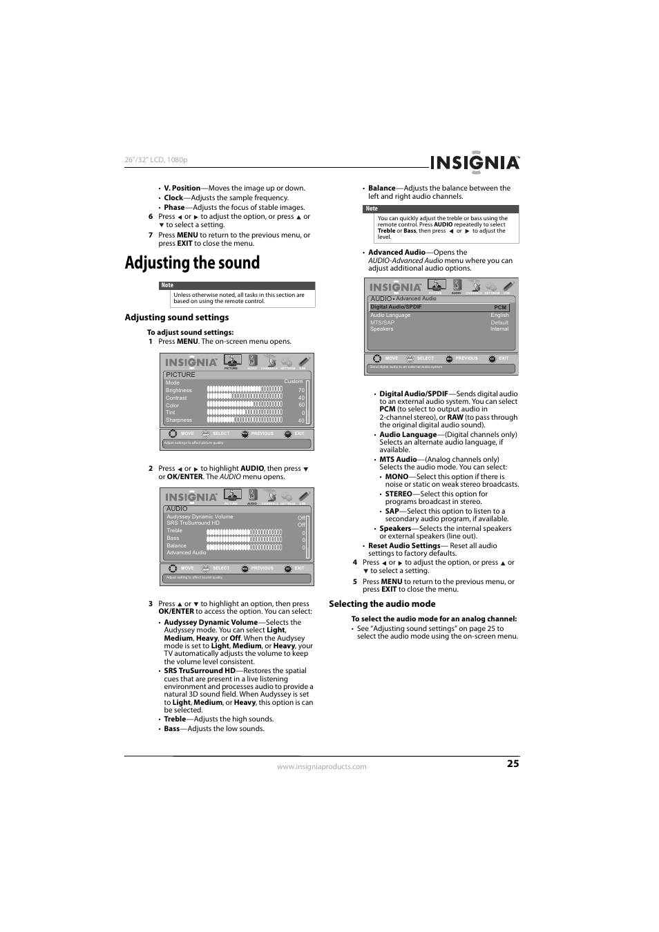 Adjusting the sound, Adjusting sound settings, Selecting the audio mode | Adjusting sound settings selecting the audio mode | Insignia NS-32L450A11 User Manual | Page 29 / 68