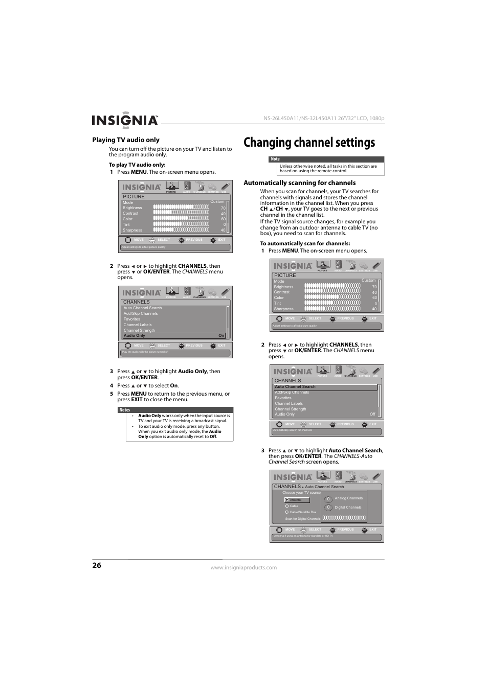 Playing tv audio only, Changing channel settings, Automatically scanning for channels | Insignia NS-32L450A11 User Manual | Page 30 / 68