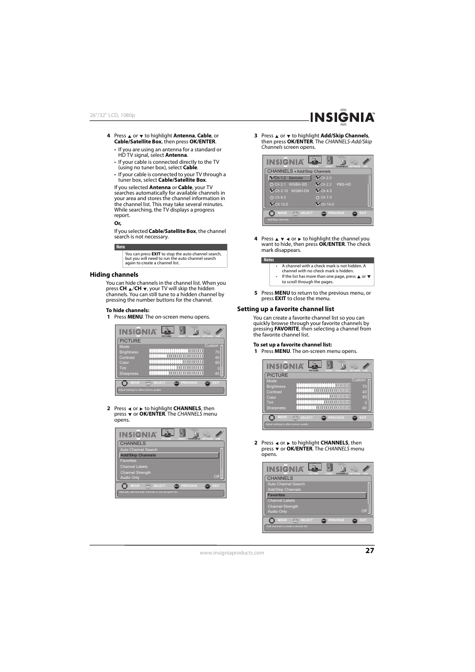 Hiding channels, Setting up a favorite channel list, Hiding channels setting up a favorite channel list | Ee “setting up a favorite channel list | Insignia NS-32L450A11 User Manual | Page 31 / 68