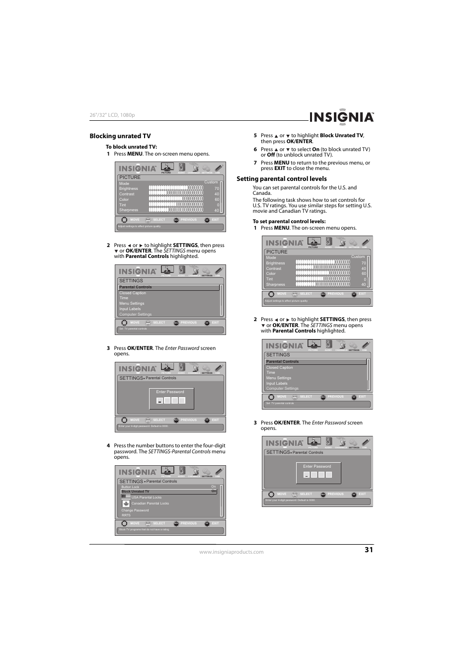 Blocking unrated tv, Setting parental control levels | Insignia NS-32L450A11 User Manual | Page 35 / 68