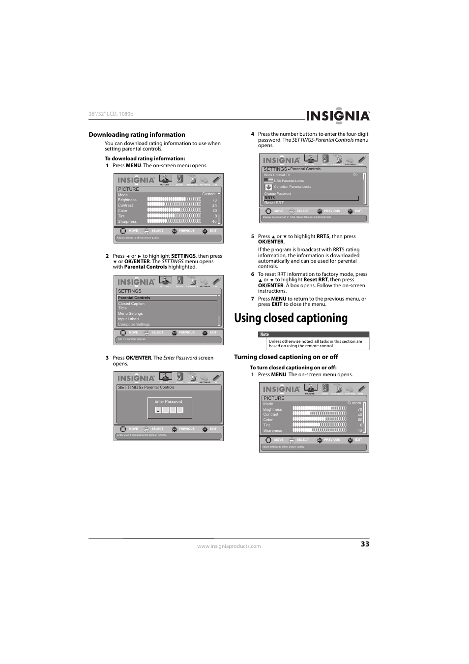 Downloading rating information, Using closed captioning, Turning closed captioning on or off | Ee “turning closed captioning on or off | Insignia NS-32L450A11 User Manual | Page 37 / 68