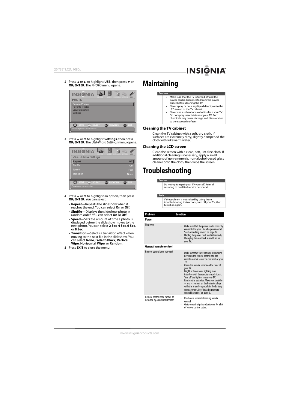 Maintaining, Cleaning the tv cabinet, Cleaning the lcd screen | Troubleshooting, Cleaning the tv cabinet cleaning the lcd screen | Insignia NS-32L450A11 User Manual | Page 47 / 68