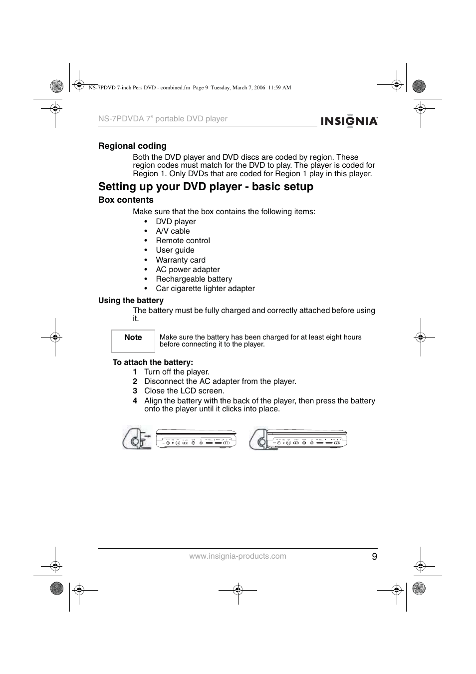 Setting up your dvd player - basic setup, Regional coding, Box contents | Insignia NS-7PDVDA User Manual | Page 10 / 102