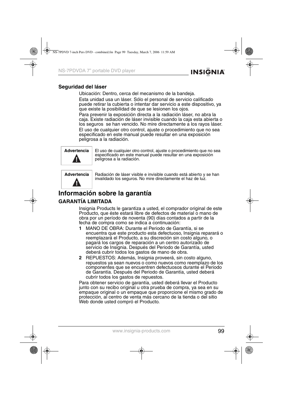 Información sobre la garantía | Insignia NS-7PDVDA User Manual | Page 100 / 102