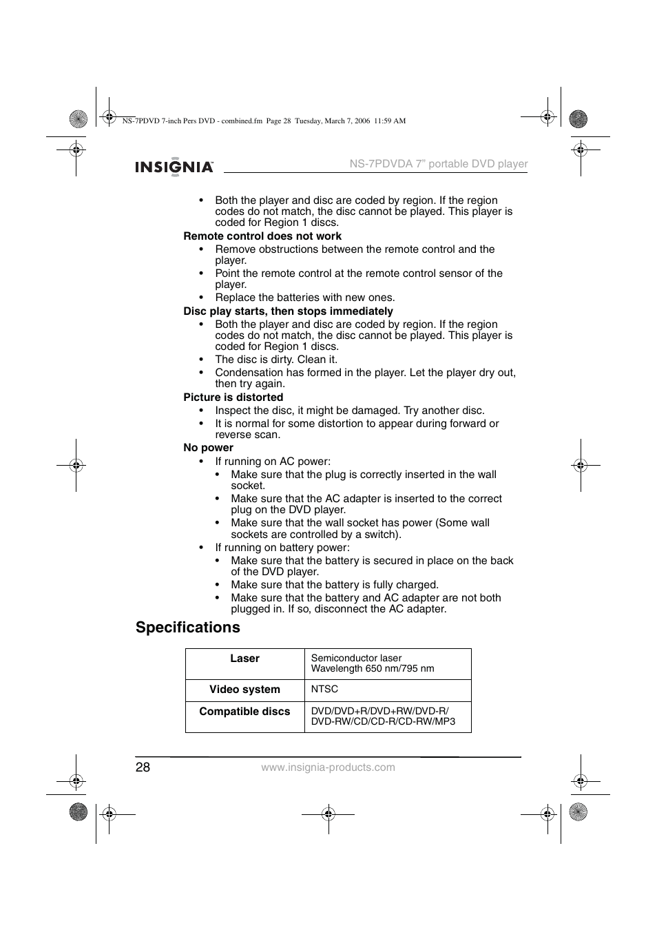 Specifications | Insignia NS-7PDVDA User Manual | Page 29 / 102