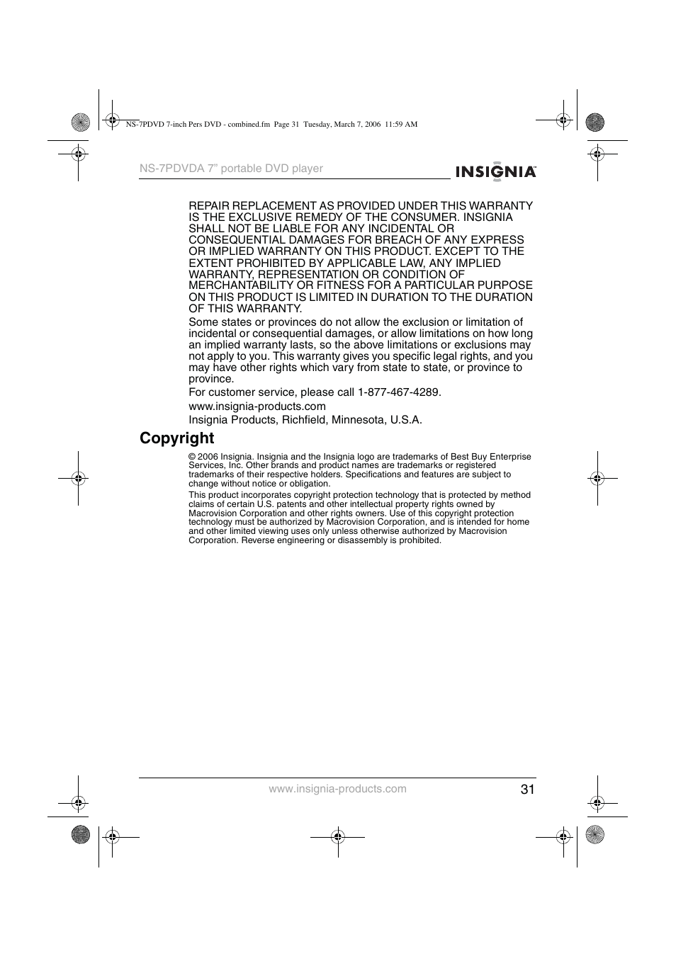 Copyright | Insignia NS-7PDVDA User Manual | Page 32 / 102