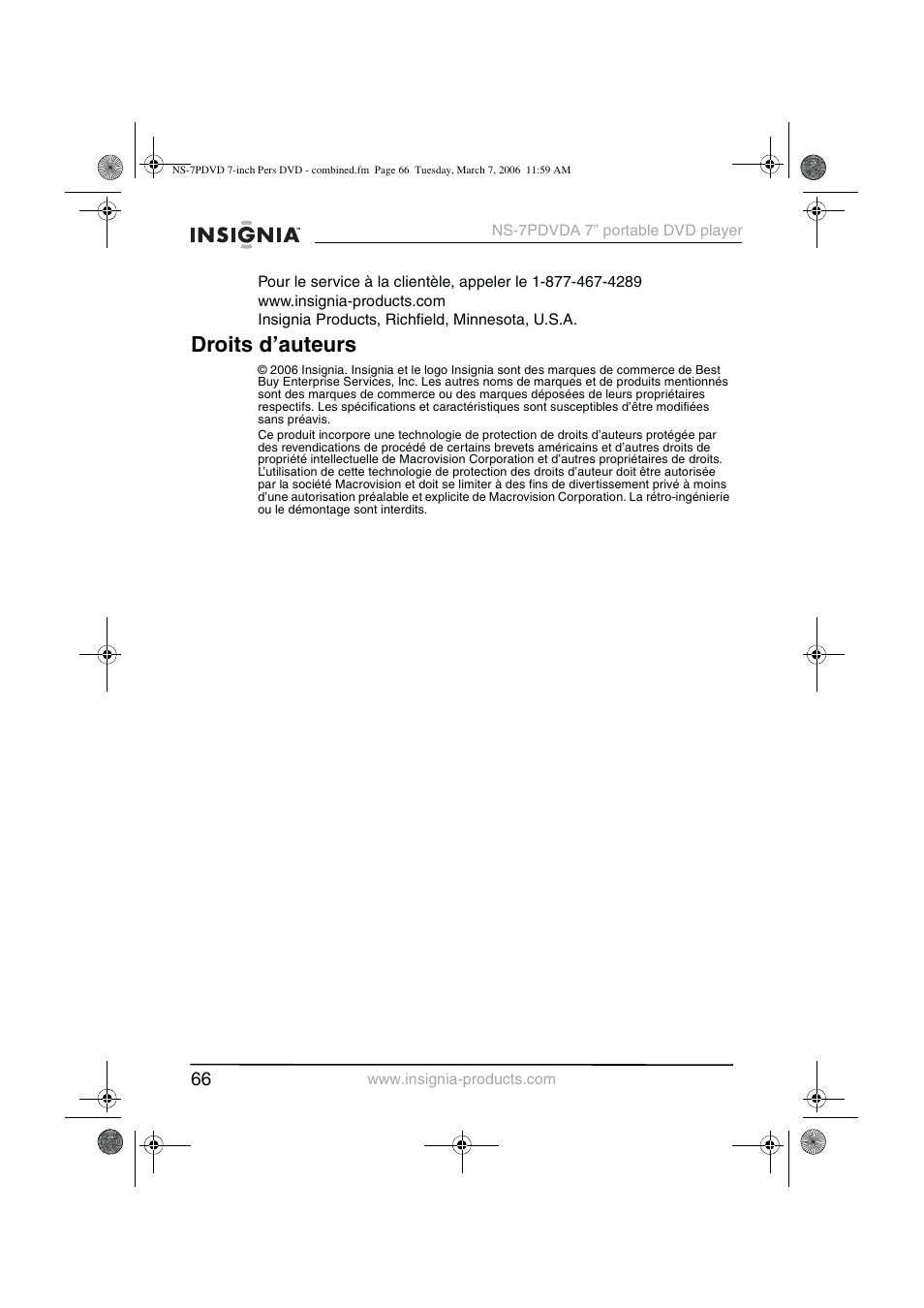 Droits d’auteurs | Insignia NS-7PDVDA User Manual | Page 67 / 102