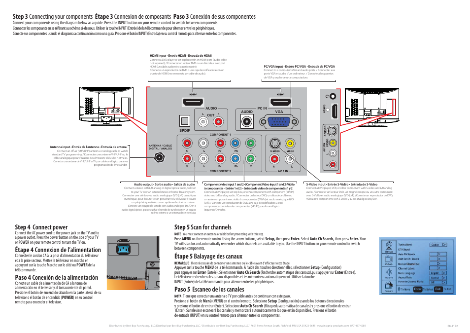 Step 4 connect power, Étape 4 connexion de l’alimentation, Paso 4 conexión de la alimentación | Step 5 scan for channels, Étape 5 balayage des canaux, Paso 5 escaneo de los canales | Insignia NS-LCD37-09 User Manual | Page 2 / 2