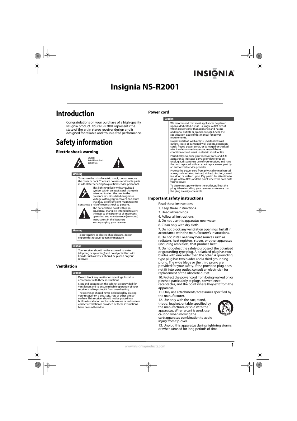 Insignia ns-r2001 am/fm stereo receiver, Introduction, Safety information | Electric shock warning, Ventilation, Power cord, Important safety instructions | Insignia NS-R2001 User Manual | Page 3 / 16