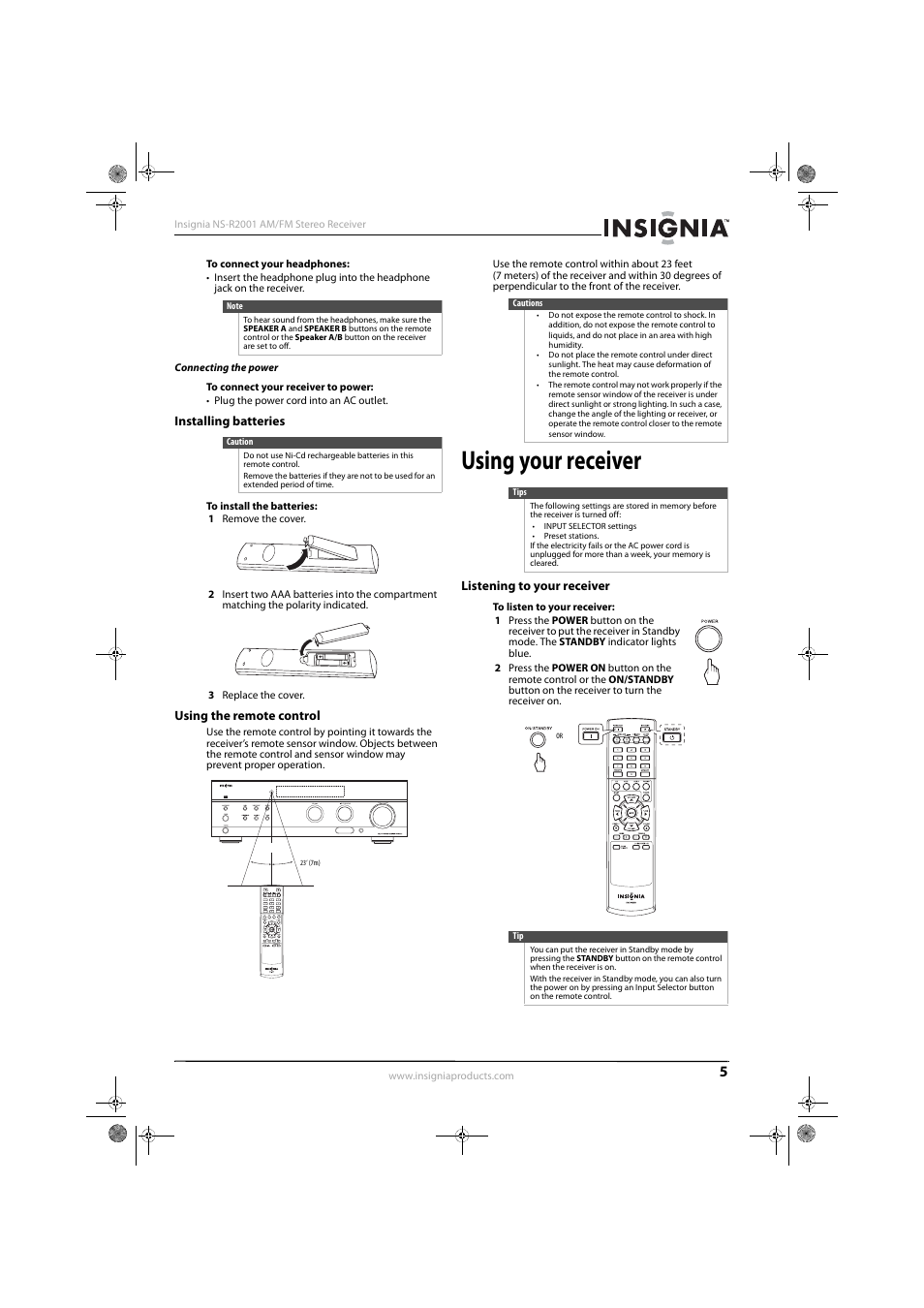Connecting the power, Installing batteries, Using the remote control | Using your receiver, Listening to your receiver, Installing batteries using the remote control | Insignia NS-R2001 User Manual | Page 7 / 16