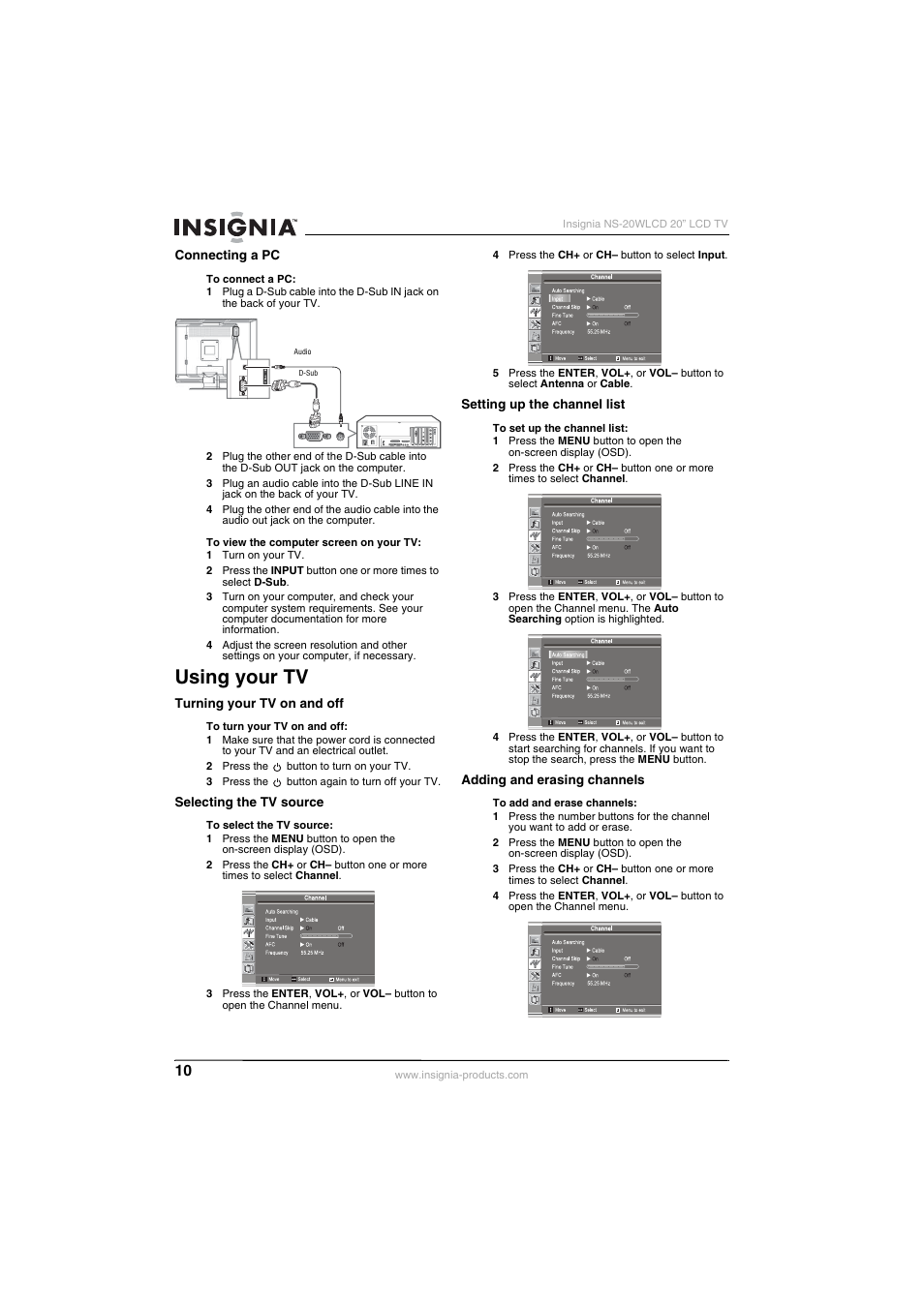 Using your tv | Insignia NS-20WLCD User Manual | Page 10 / 68