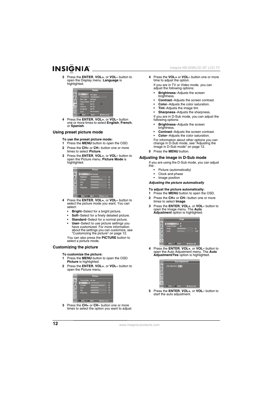 Insignia NS-20WLCD User Manual | Page 12 / 68
