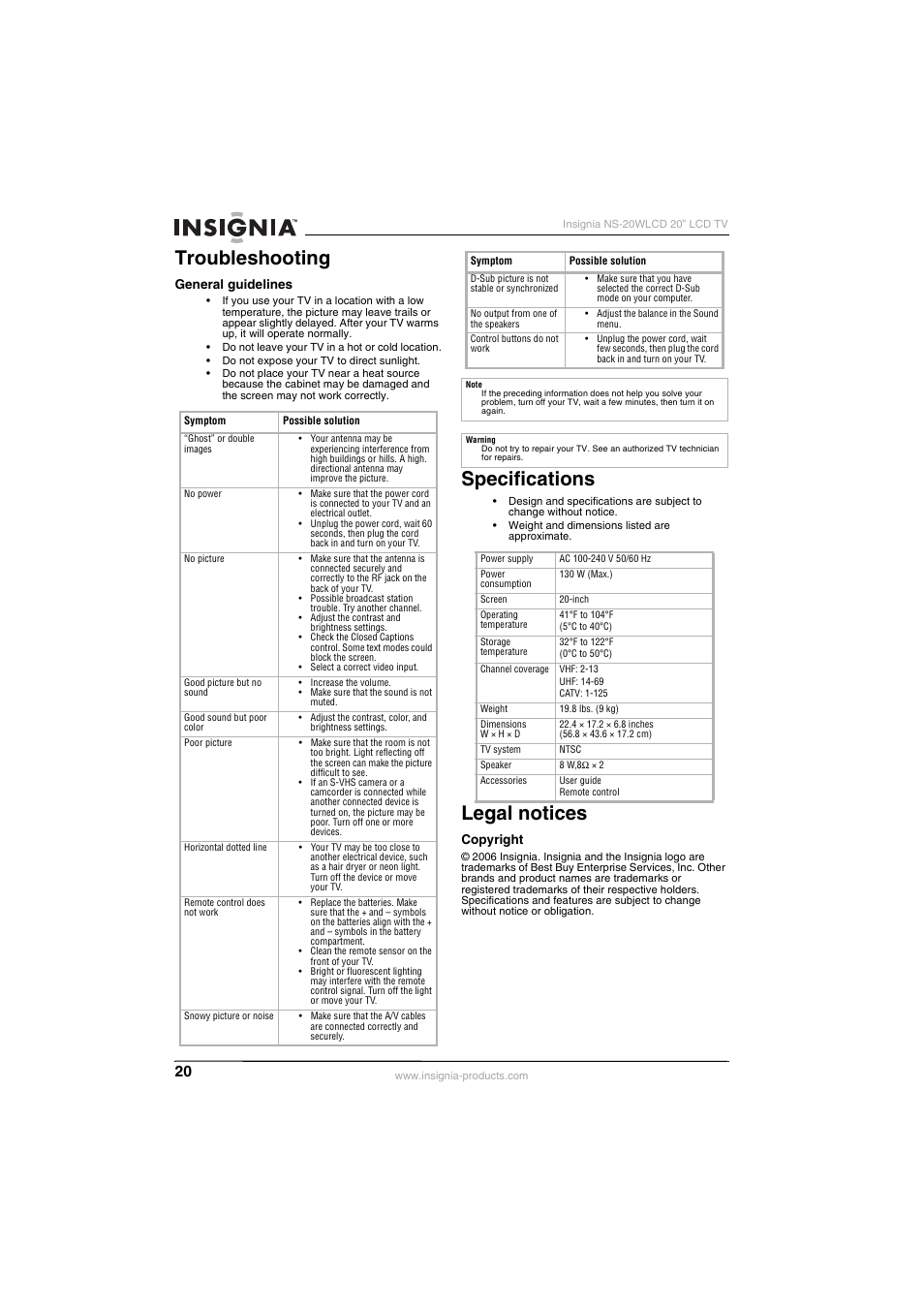 Troubleshooting, Specifications, Legal notices | Insignia NS-20WLCD User Manual | Page 20 / 68
