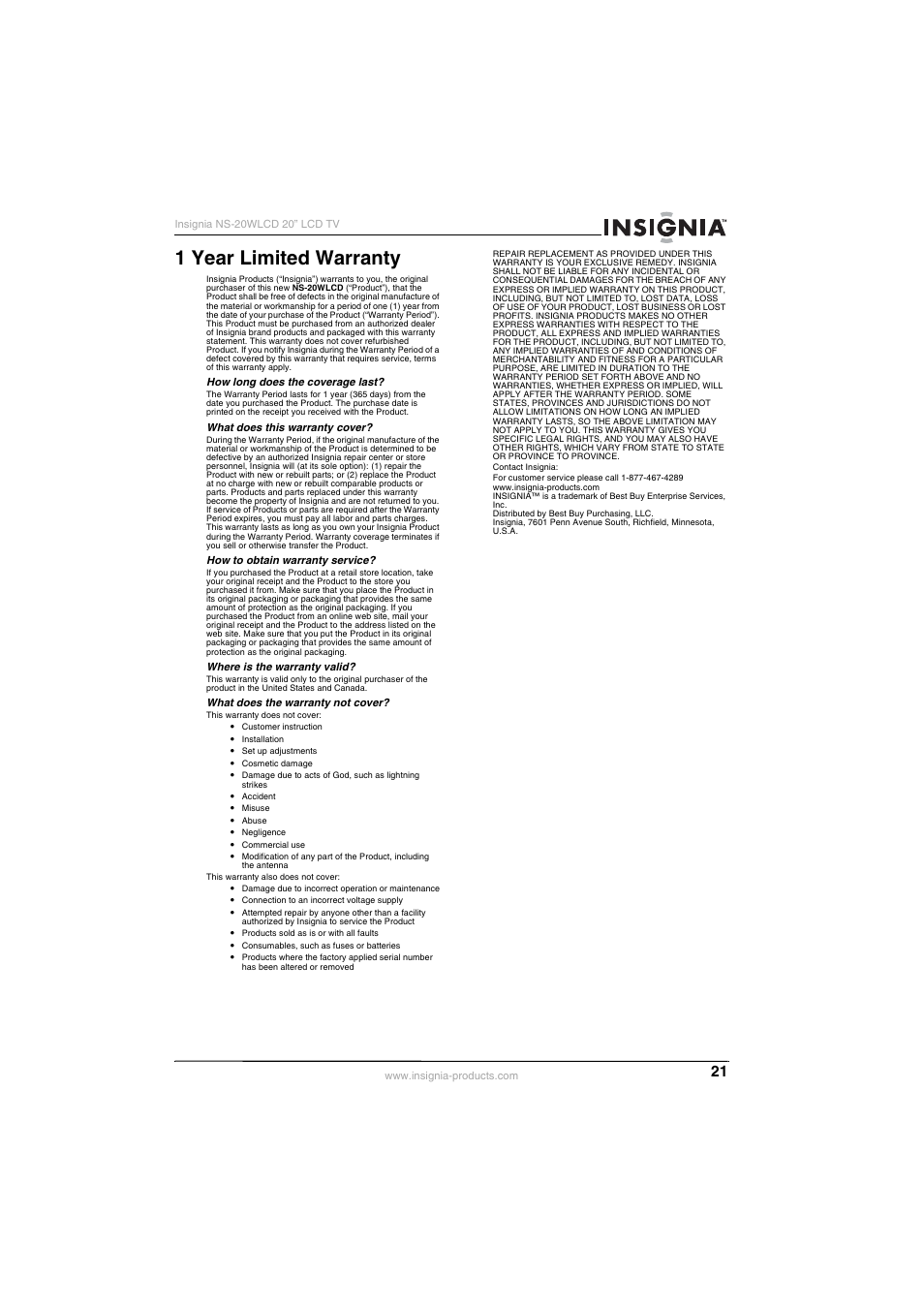 1 year limited warranty | Insignia NS-20WLCD User Manual | Page 21 / 68