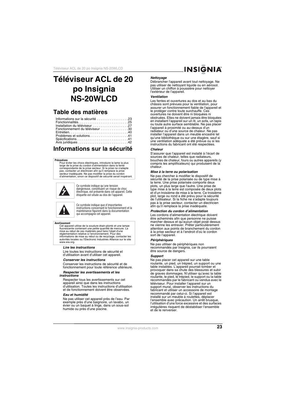 Insignia NS-20WLCD User Manual | Page 23 / 68