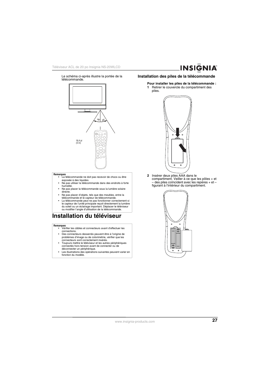 Installation du téléviseur, Installation des piles de la télécommande | Insignia NS-20WLCD User Manual | Page 27 / 68