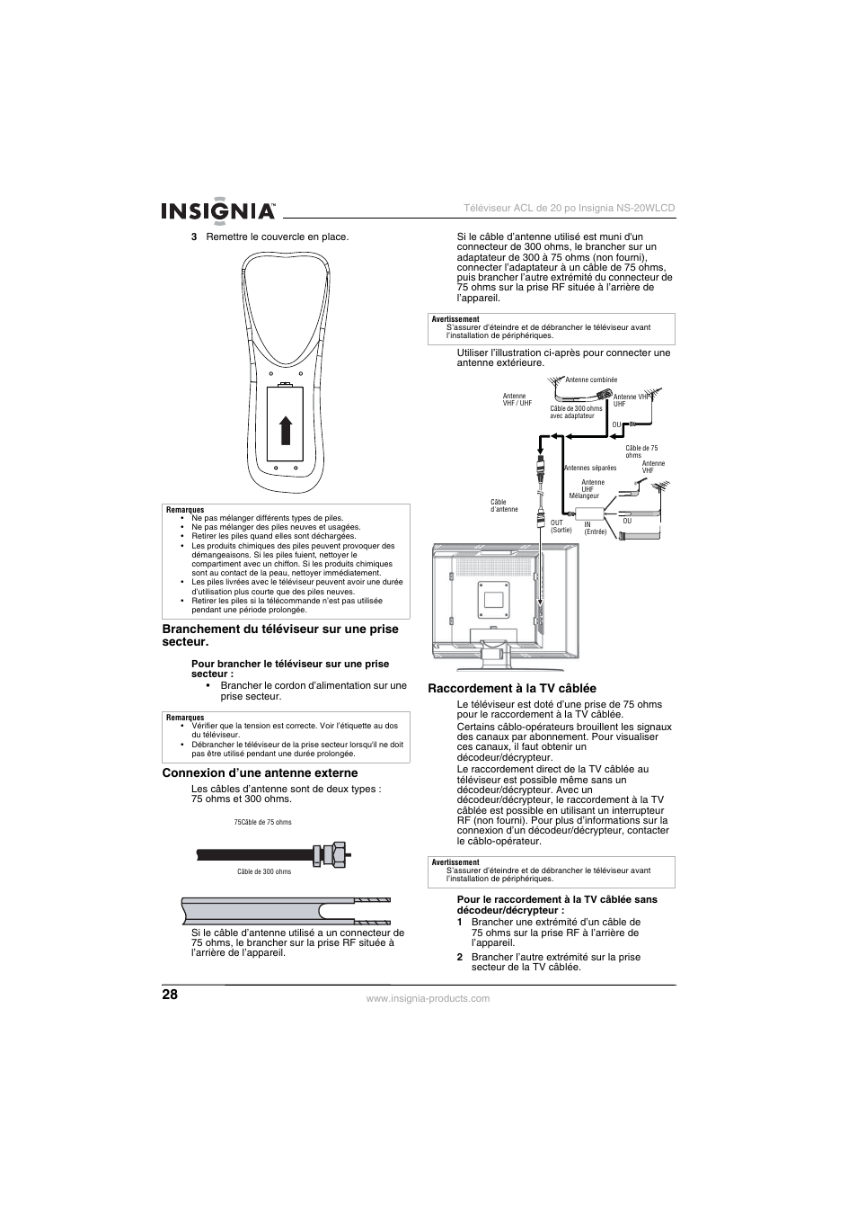 Branchement du téléviseur sur une prise secteur, Connexion d’une antenne externe, Raccordement à la tv câblée | Insignia NS-20WLCD User Manual | Page 28 / 68