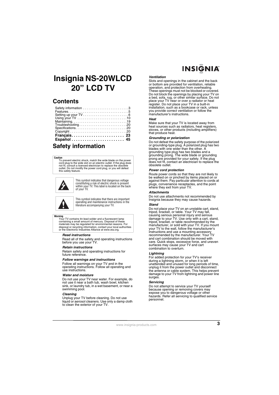 Insignia NS-20WLCD User Manual | Page 3 / 68