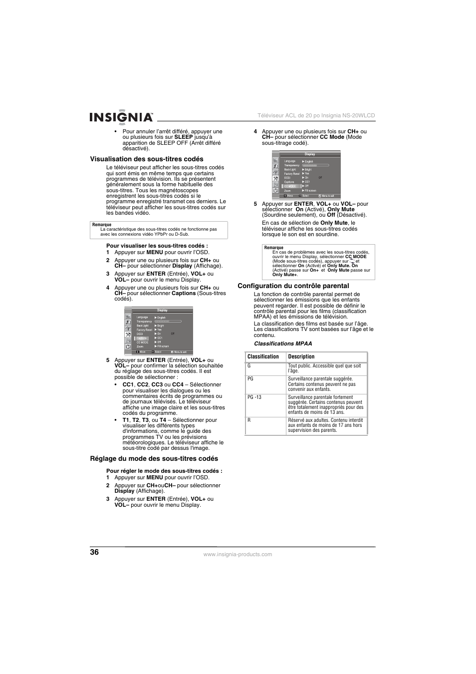 Insignia NS-20WLCD User Manual | Page 36 / 68