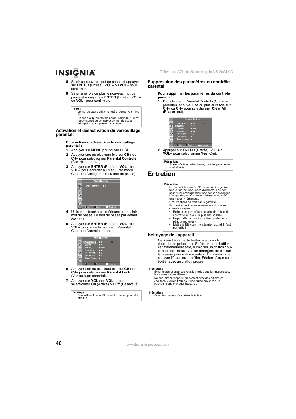 Entretien | Insignia NS-20WLCD User Manual | Page 40 / 68