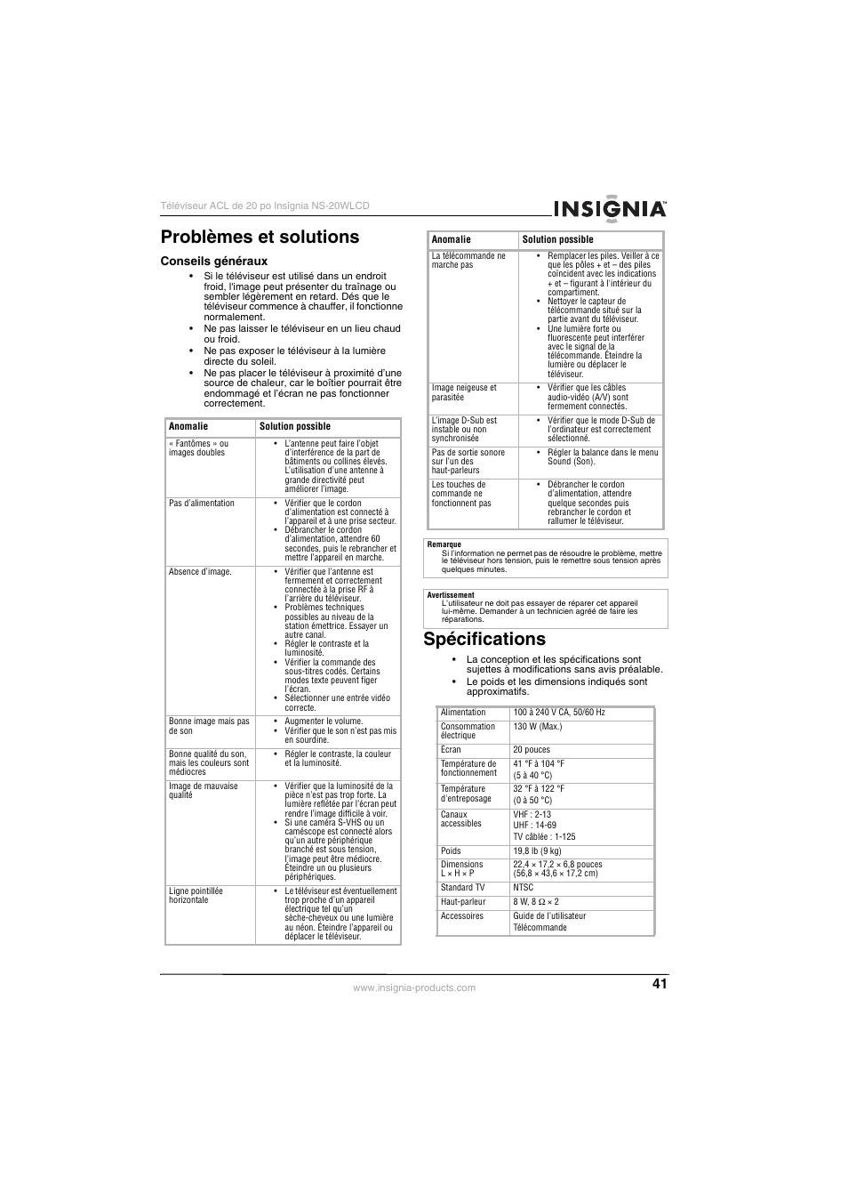Problèmes et solutions, Spécifications | Insignia NS-20WLCD User Manual | Page 41 / 68
