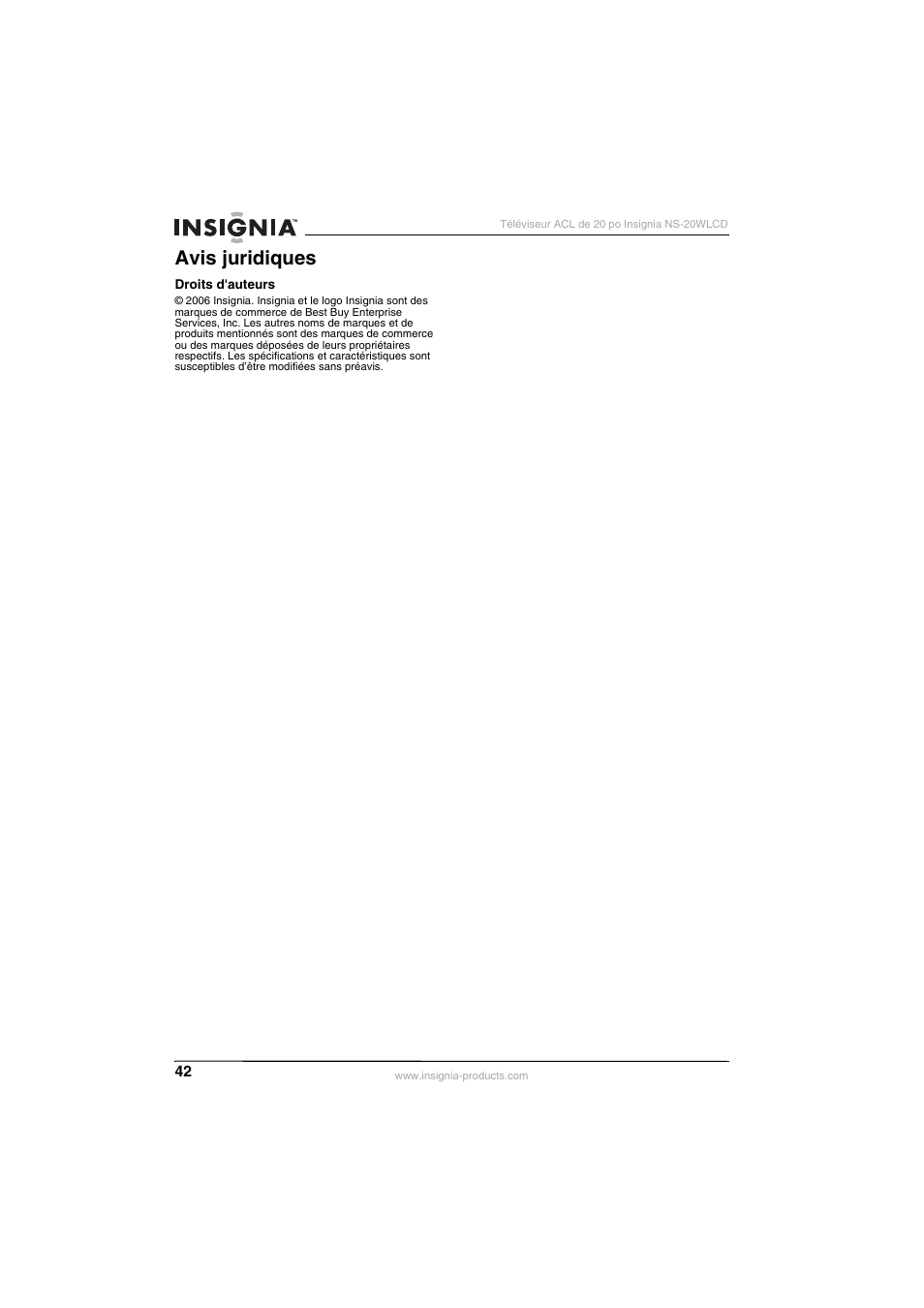 Avis juridiques | Insignia NS-20WLCD User Manual | Page 42 / 68
