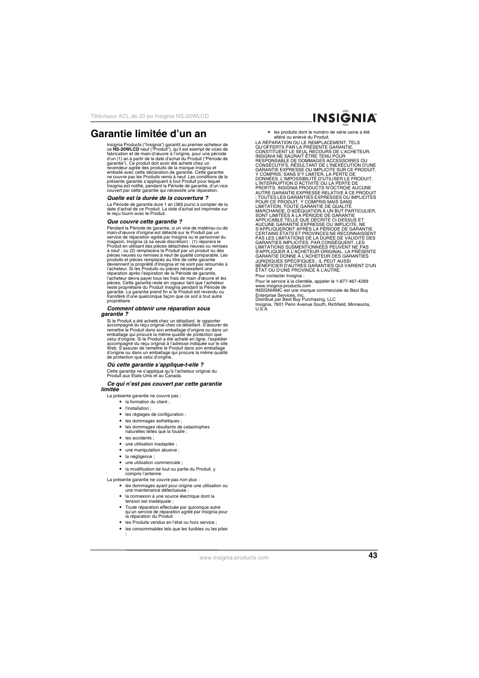 Garantie limitée d’un an | Insignia NS-20WLCD User Manual | Page 43 / 68