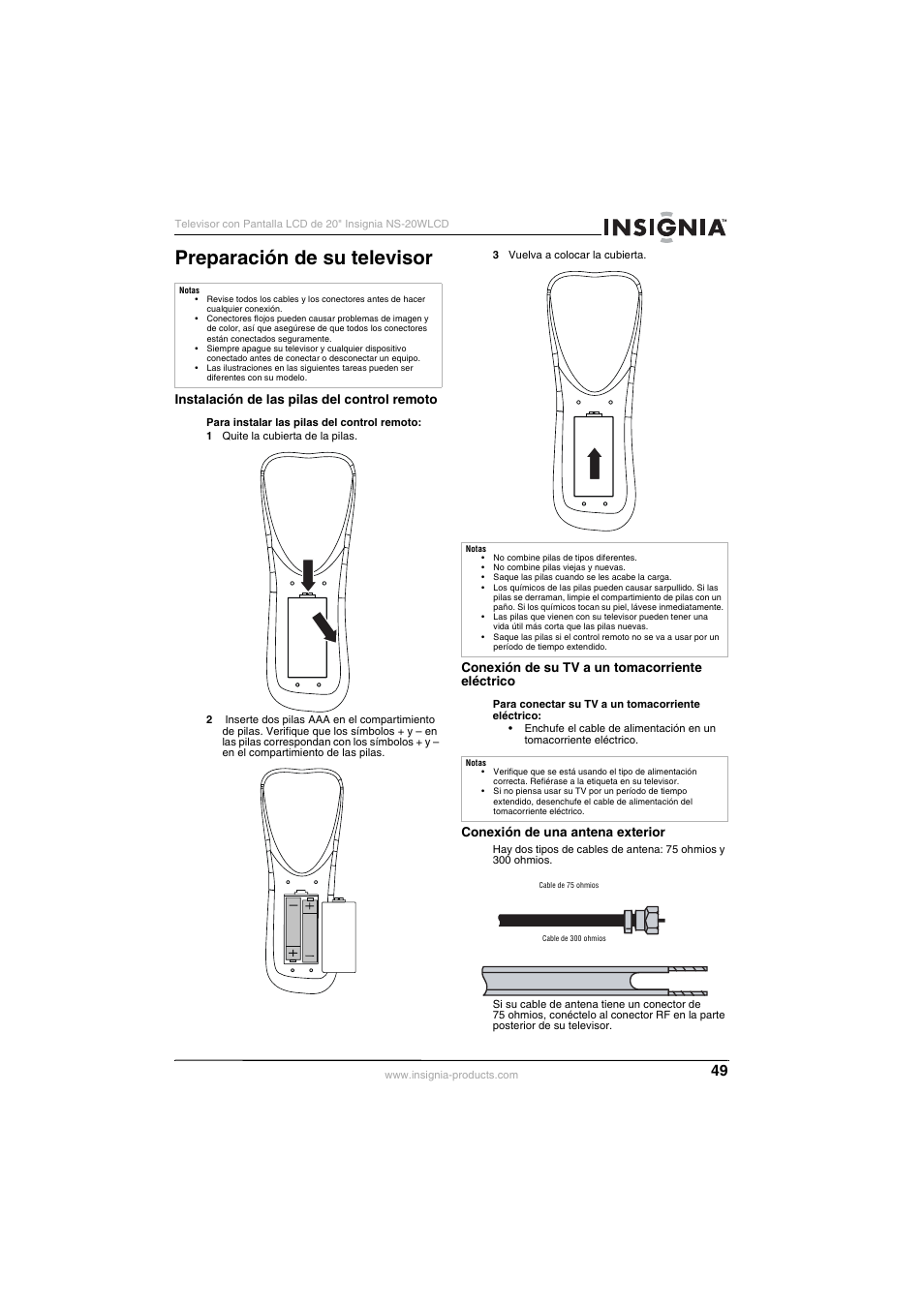 Preparación de su televisor, Instalación de las pilas del control remoto, Conexión de su tv a un tomacorriente eléctrico | Conexión de una antena exterior | Insignia NS-20WLCD User Manual | Page 49 / 68