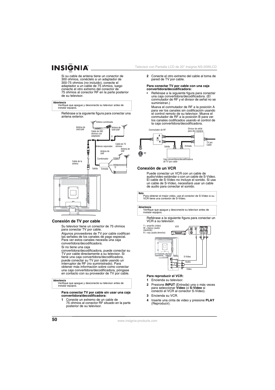 Conexión de tv por cable, Conexión de un vcr | Insignia NS-20WLCD User Manual | Page 50 / 68