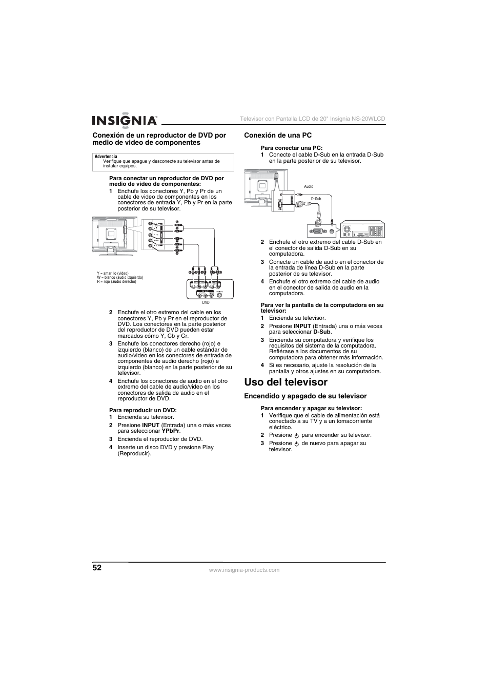 Uso del televisor | Insignia NS-20WLCD User Manual | Page 52 / 68