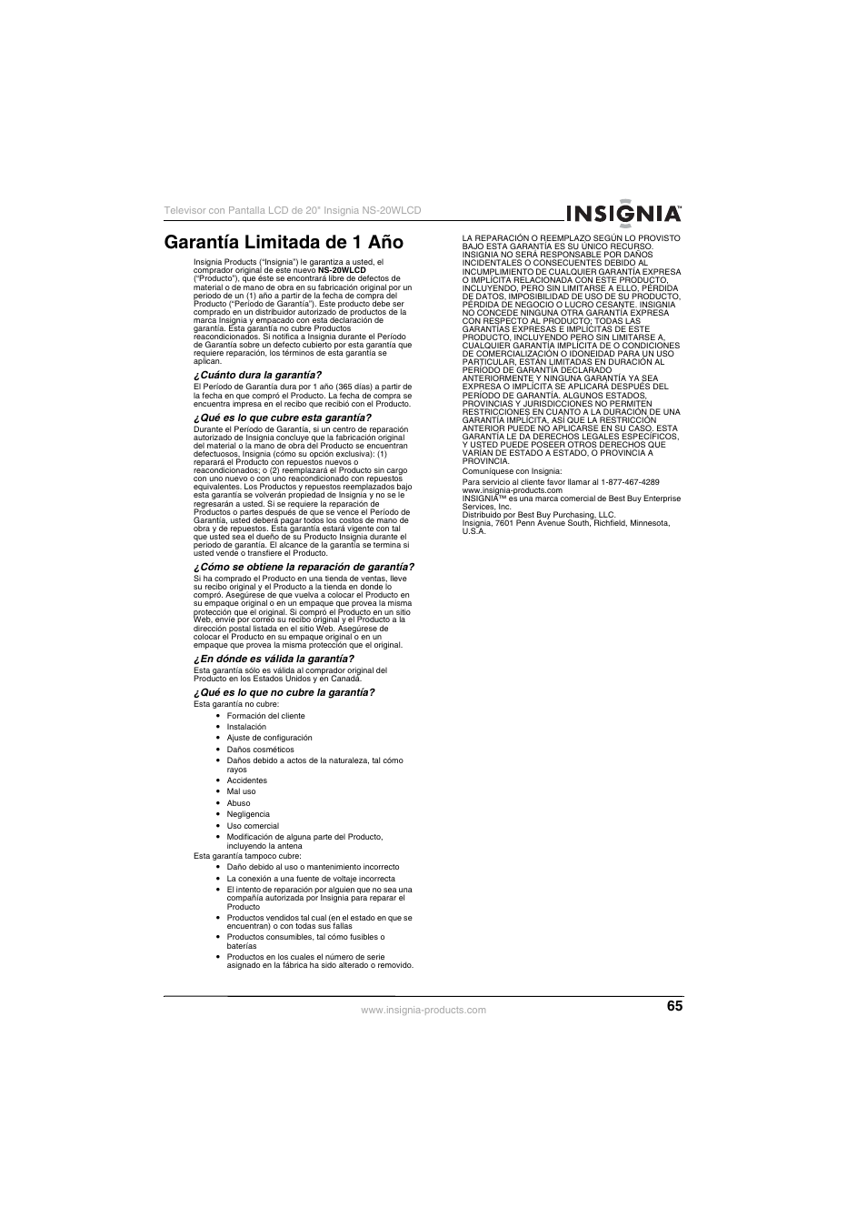 Garantía limitada de 1 año | Insignia NS-20WLCD User Manual | Page 65 / 68