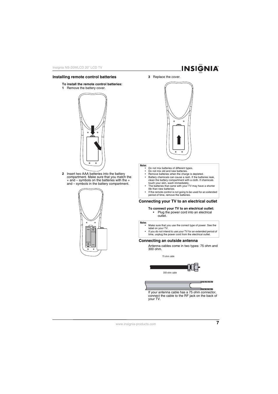Installing remote control batteries, Connecting your tv to an electrical outlet, Connecting an outside antenna | Insignia NS-20WLCD User Manual | Page 7 / 68