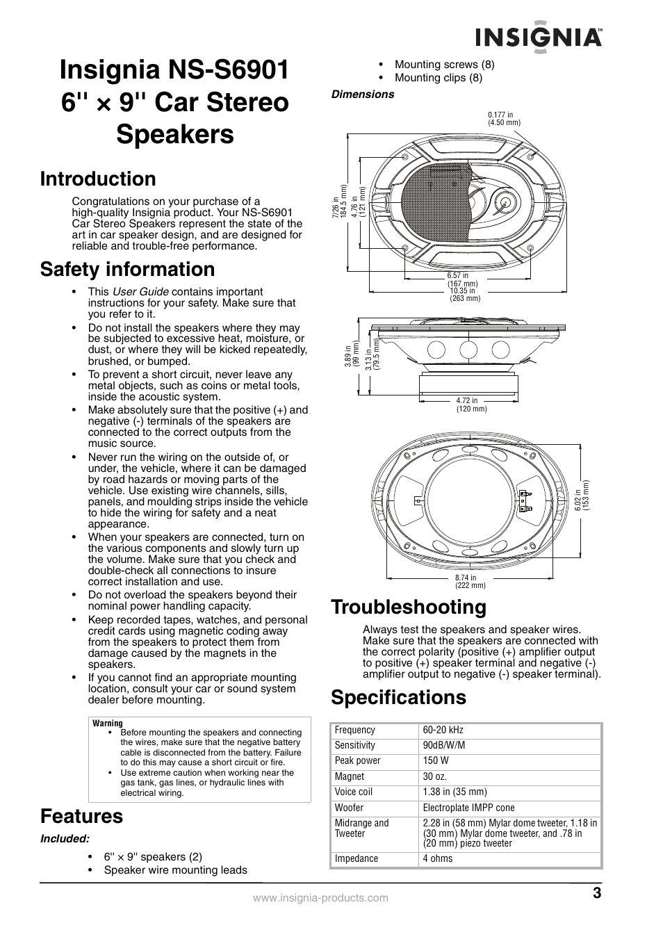 Insignia ns-s6901 6'' ° 9'' car stereo speakers, Introduction, Safety information | Features, Included, Dimensions, Troubleshooting, Specifications | Insignia NS-S6901 User Manual | Page 3 / 8