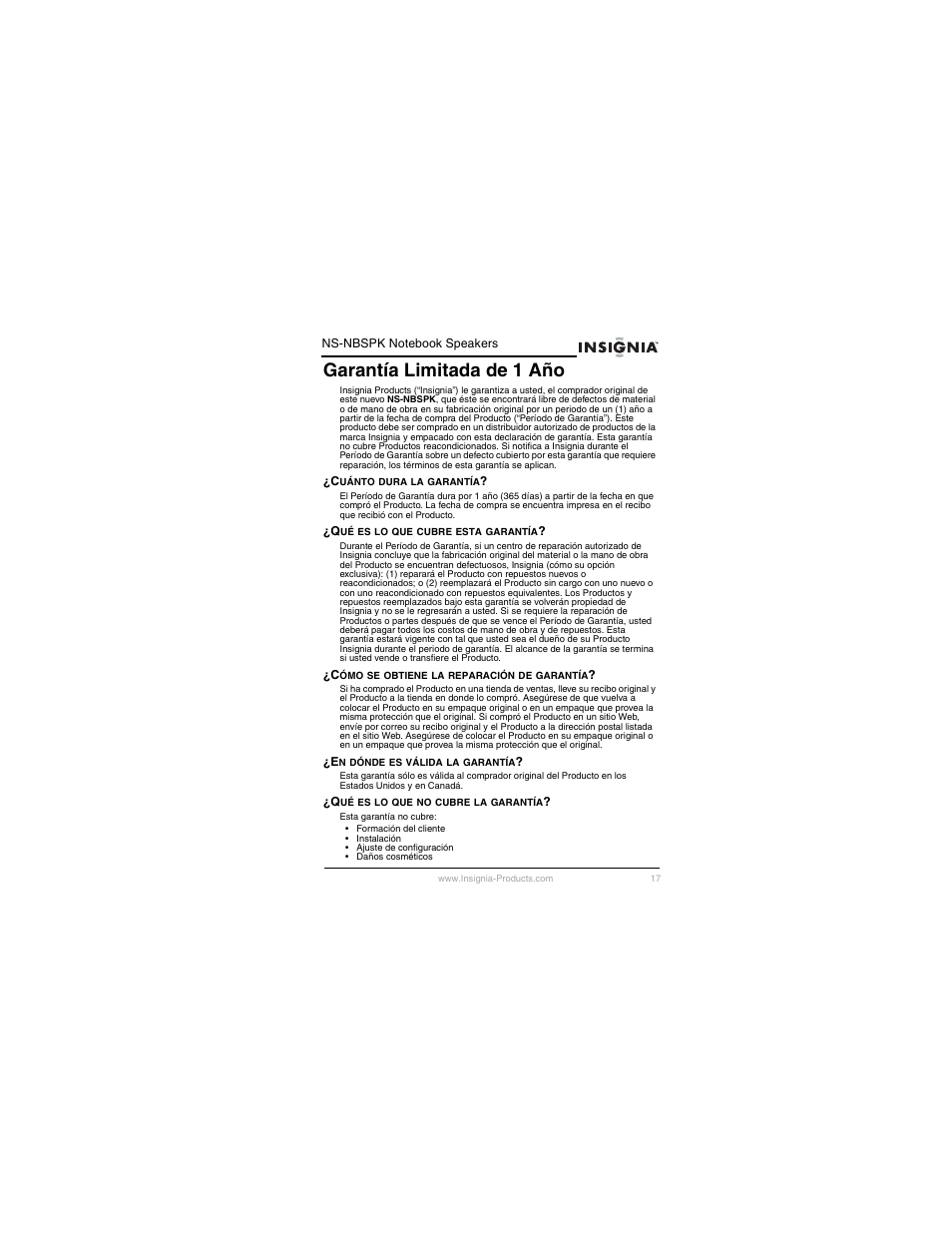 Garantía limitada de 1 año | Insignia NS-NBSPK User Manual | Page 18 / 20