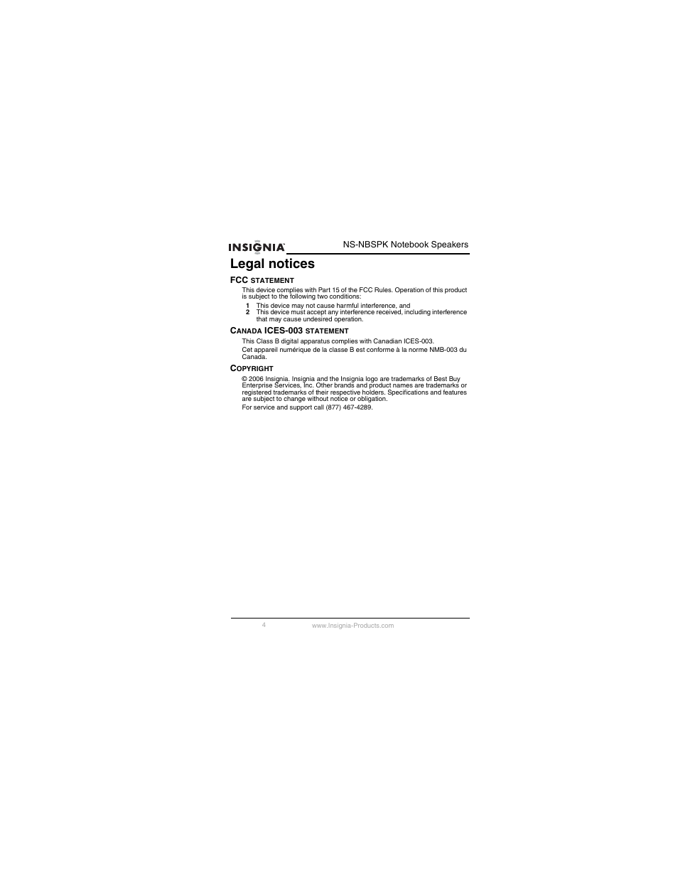 Legal notices | Insignia NS-NBSPK User Manual | Page 5 / 20