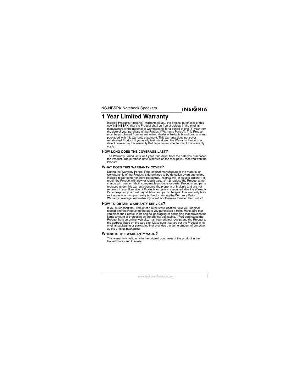 1 year limited warranty | Insignia NS-NBSPK User Manual | Page 6 / 20