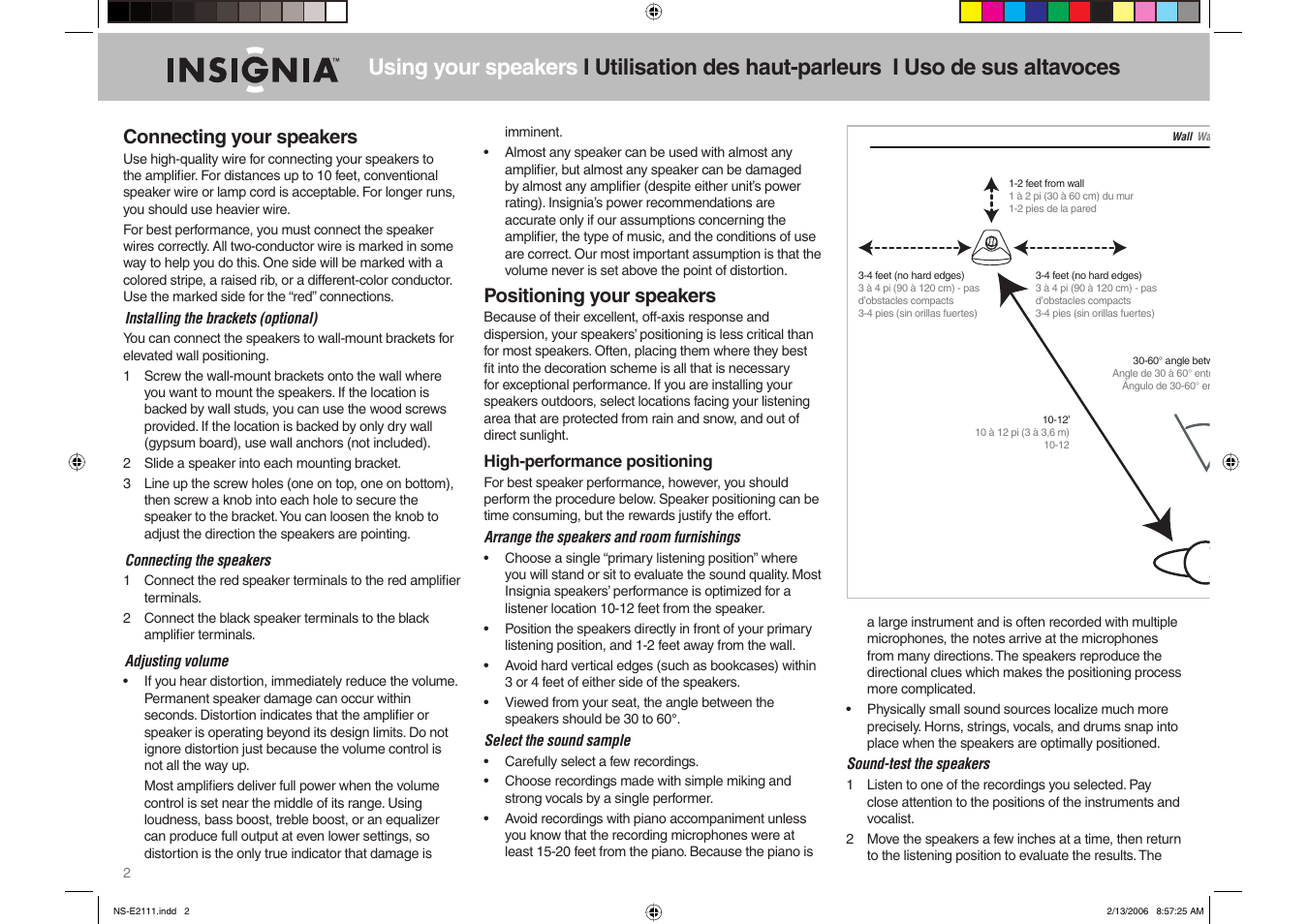 Connecting your speakers, Positioning your speakers | Insignia NS-E2111 User Manual | Page 2 / 8