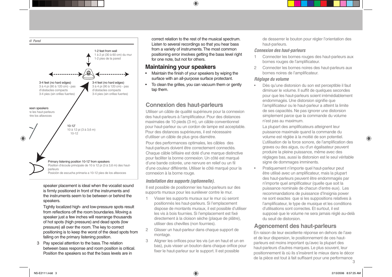 Maintaining your speakers, Connexion des haut-parleurs, Agencement des haut-parleurs | Insignia NS-E2111 User Manual | Page 3 / 8