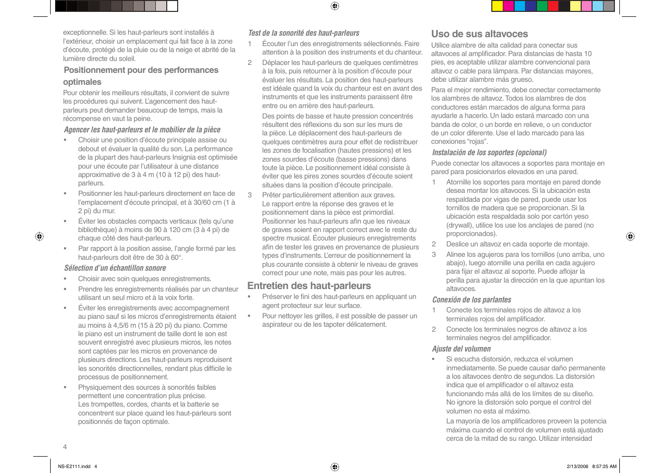 Entretien des haut-parleurs, Uso de sus altavoces | Insignia NS-E2111 User Manual | Page 4 / 8