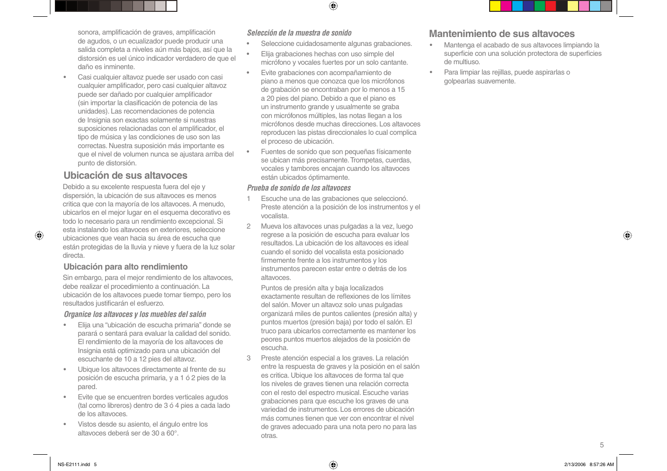 Ubicación de sus altavoces, Mantenimiento de sus altavoces | Insignia NS-E2111 User Manual | Page 5 / 8