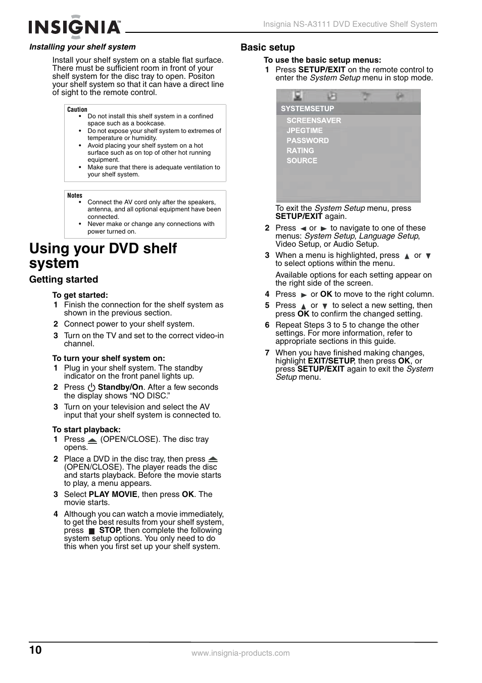 Installing your shelf system, Using your dvd shelf system, Getting started | Basic setup | Insignia NS-A3111 User Manual | Page 10 / 64