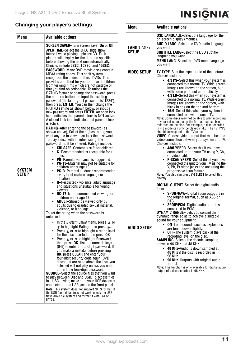 Changing your player’s settings | Insignia NS-A3111 User Manual | Page 11 / 64